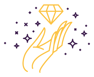 Gráfico de mano para comunicar que cuidamos tus joyas con diamante y estrellas en el taller de joyería
